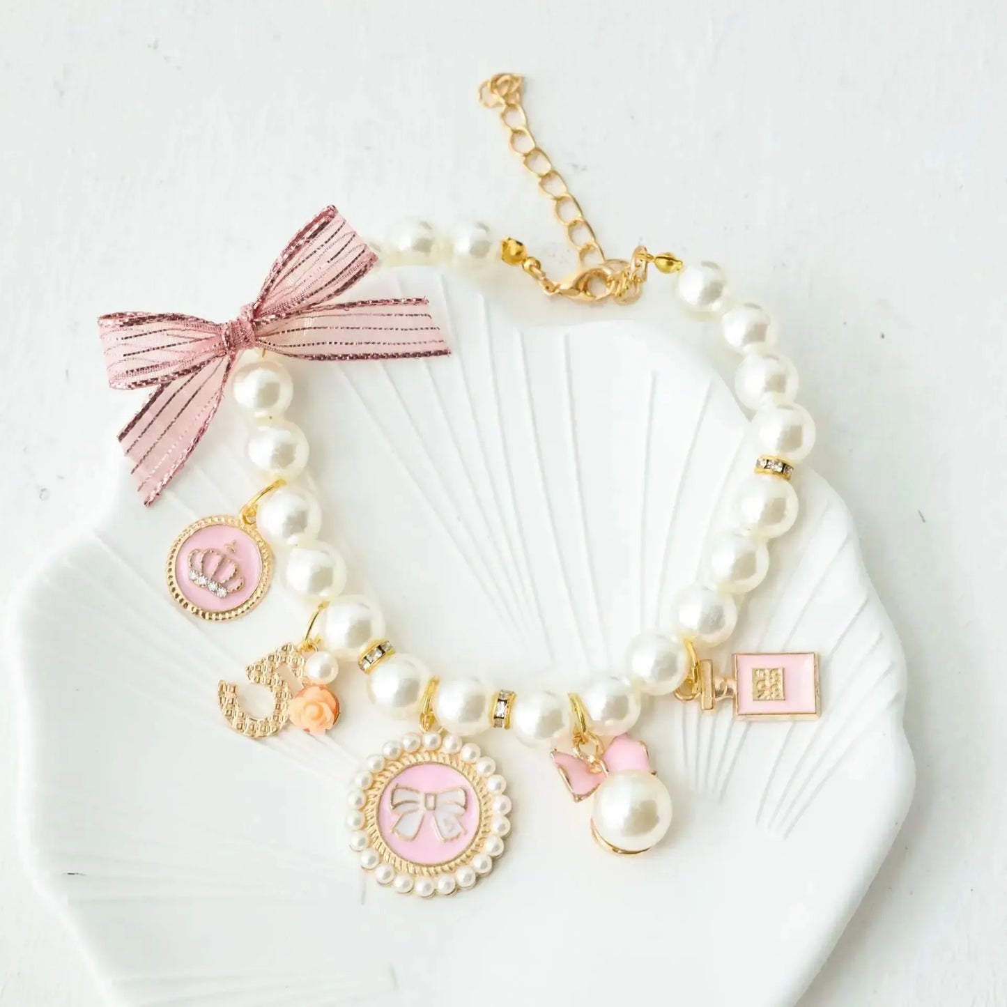 Elegant Pearl Dog Collar with Rhinestone Charms