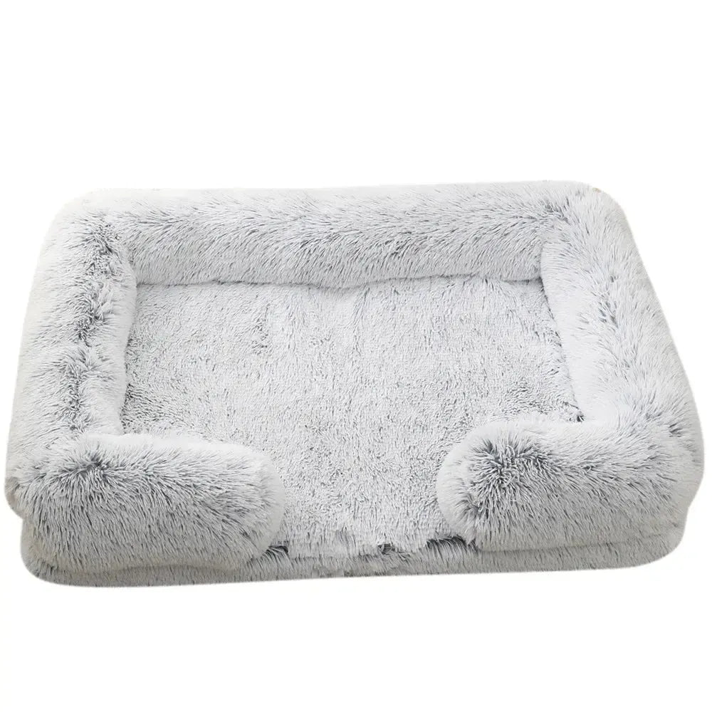 Plush Dog Sofa Bed with Bolster Support, Removable Cushion, and Non-Slip Base