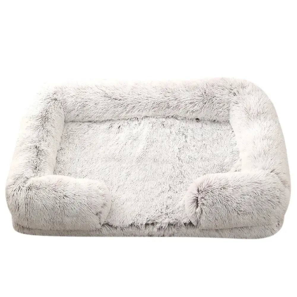 Plush Dog Sofa Bed with Bolster Support, Removable Cushion, and Non-Slip Base