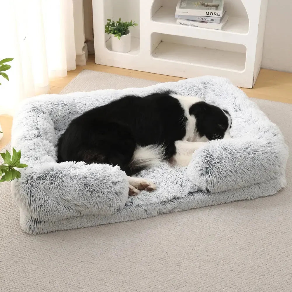 Plush Dog Sofa Bed with Bolster Support, Removable Cushion, and Non-Slip Base