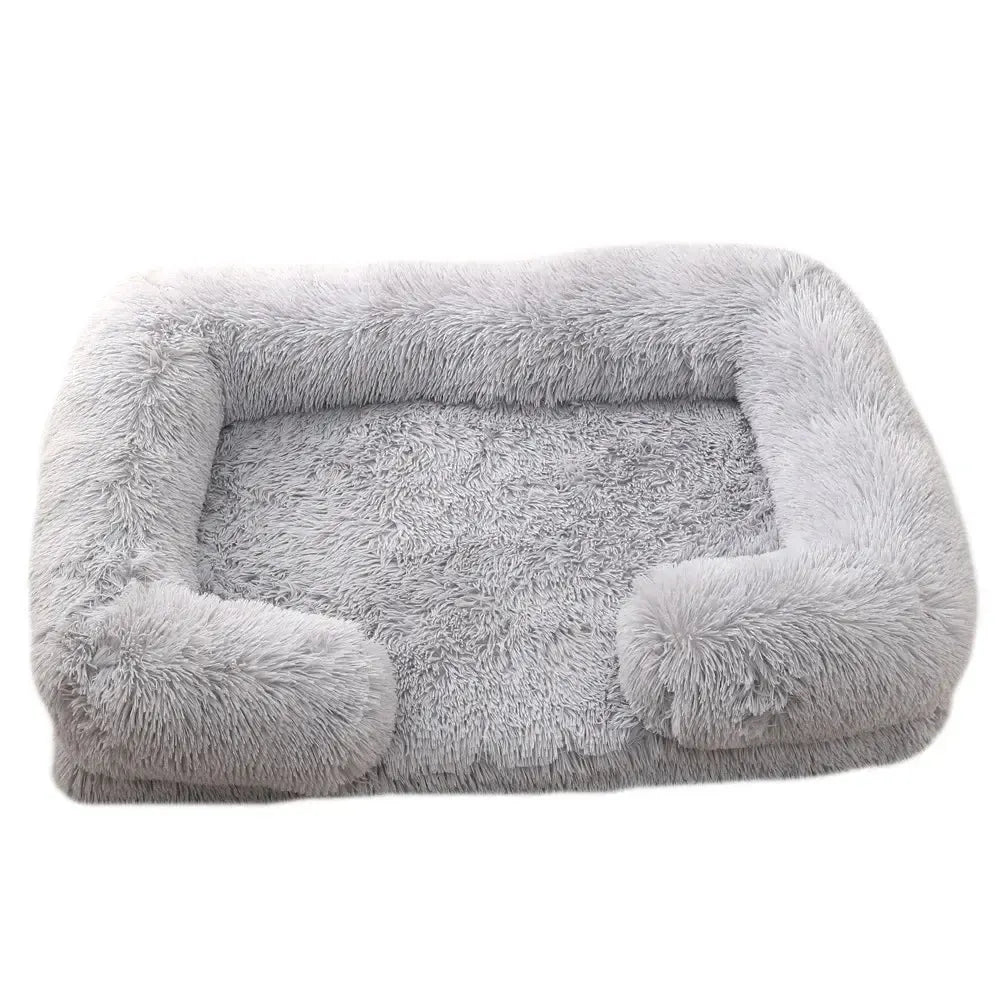 Plush Dog Sofa Bed with Bolster Support, Removable Cushion, and Non-Slip Base