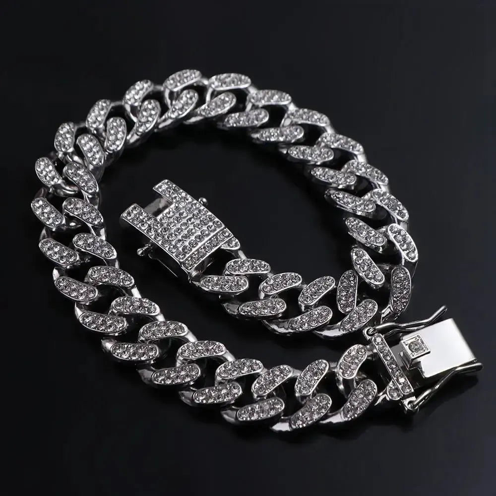 Rhinestone Dog Chain Collar Cuban Link
