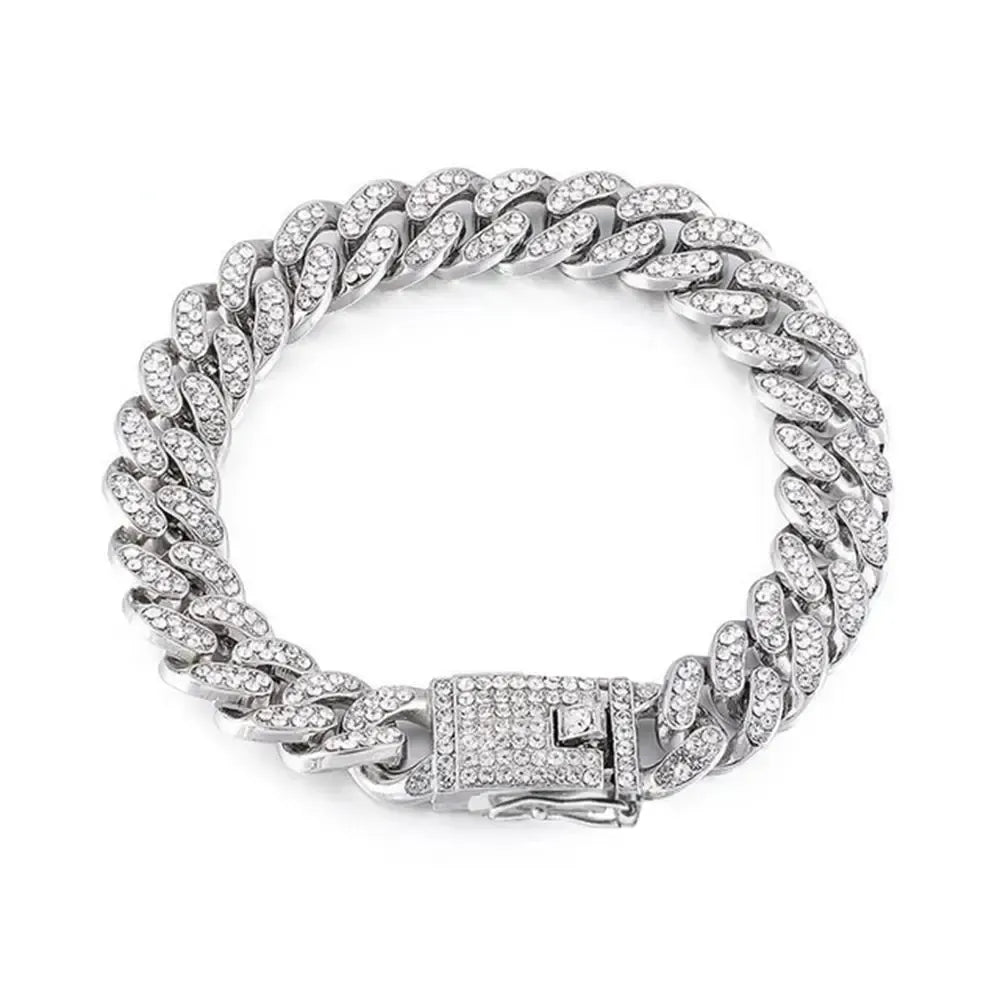 Rhinestone Dog Chain Collar Cuban Link