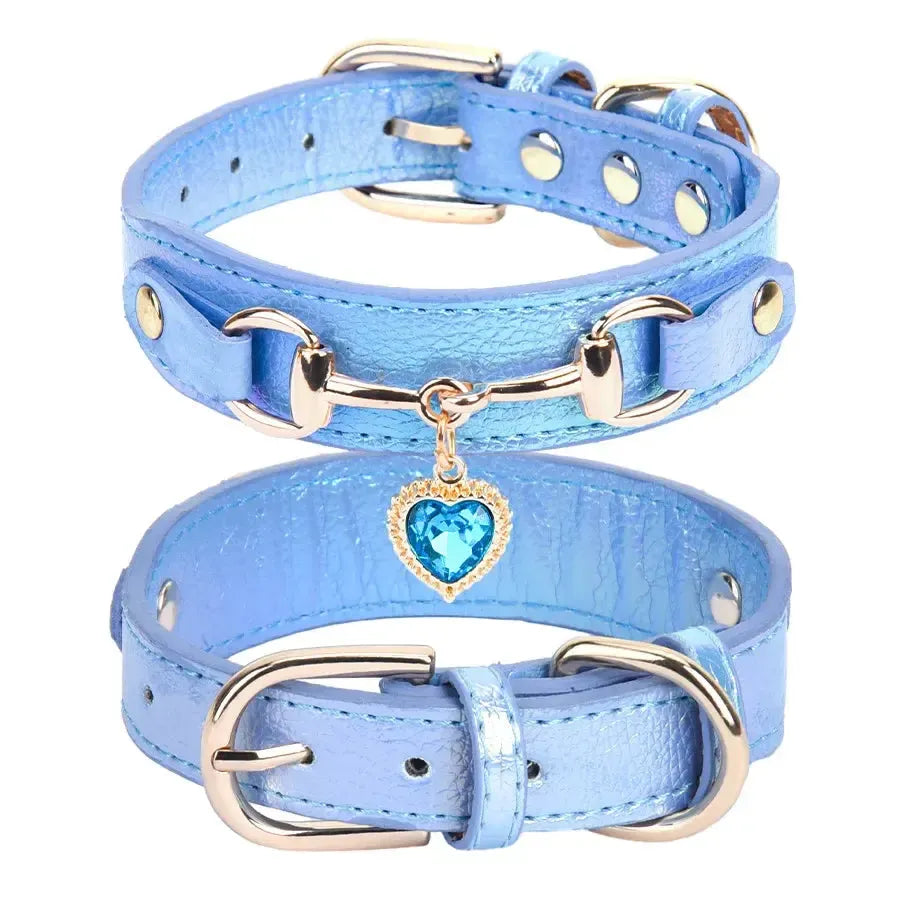Rhinestone Leather Dog Collar with Heart Charm