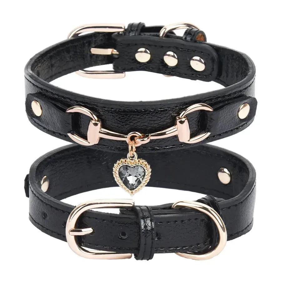 Rhinestone Leather Dog Collar with Heart Charm