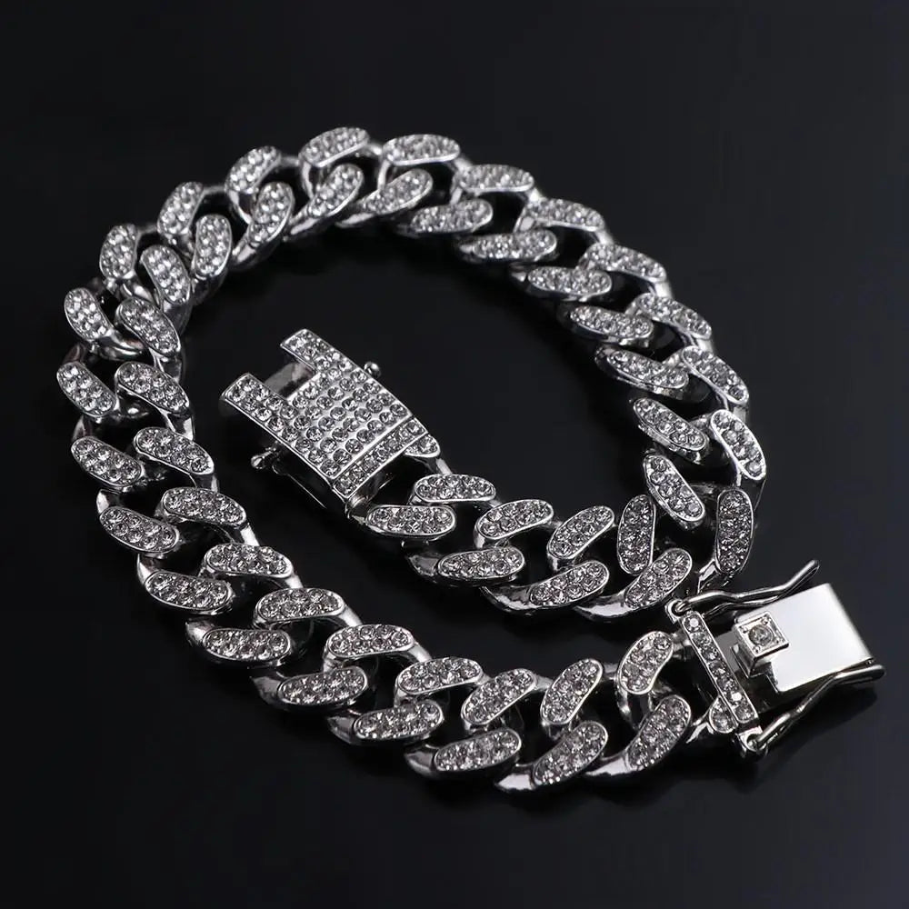 Rhinestone Dog Chain Collar Cuban Link