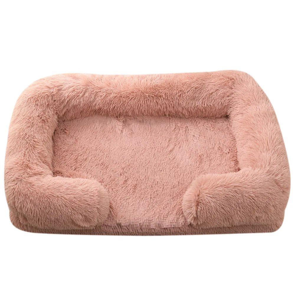 Plush Dog Sofa Bed with Bolster Support, Removable Cushion, and Non-Slip Base