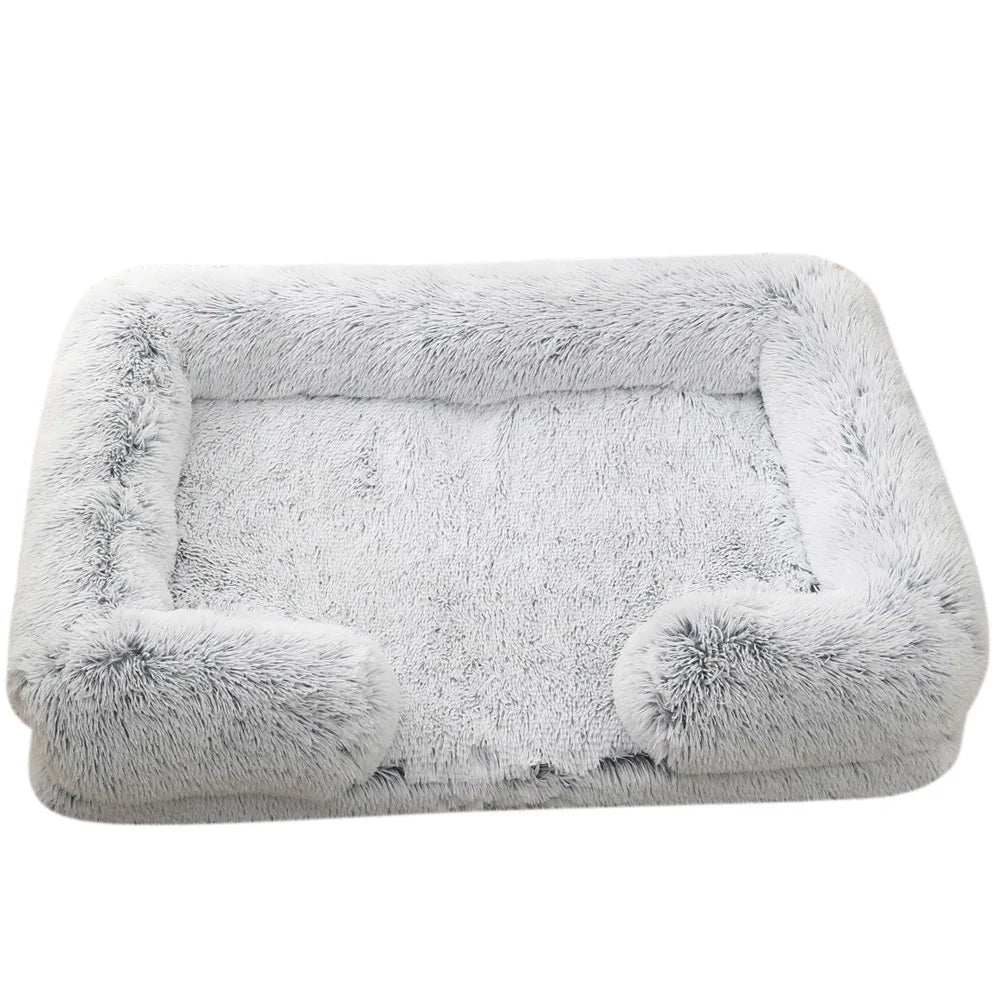 Plush Dog Sofa Bed with Bolster Support, Removable Cushion, and Non-Slip Base