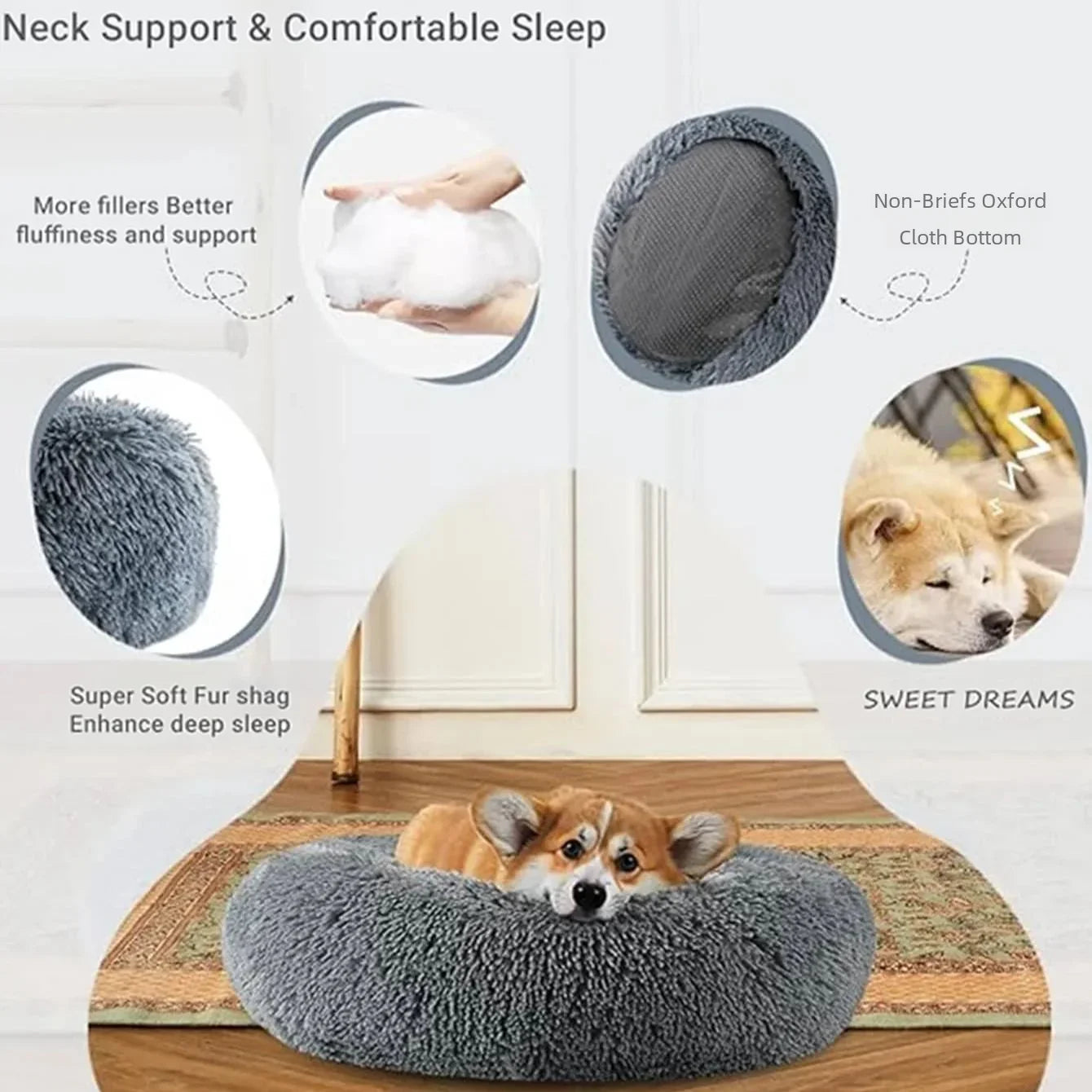 Soft Donut Dog Bed With Waterproof Non-Slip Base