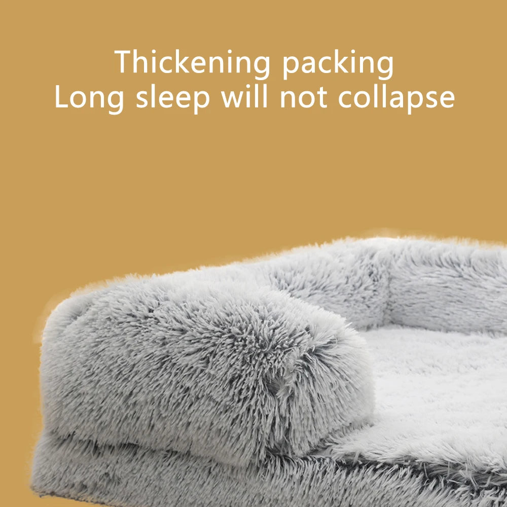 Plush Dog Sofa Bed with Bolster Support, Removable Cushion, and Non-Slip Base