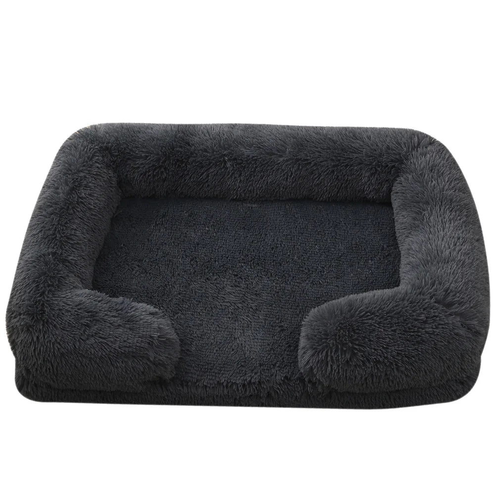 Plush Dog Sofa Bed with Bolster Support, Removable Cushion, and Non-Slip Base