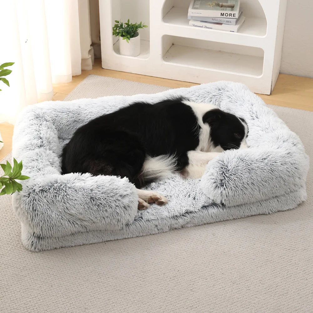 Plush Dog Sofa Bed with Bolster Support, Removable Cushion, and Non-Slip Base
