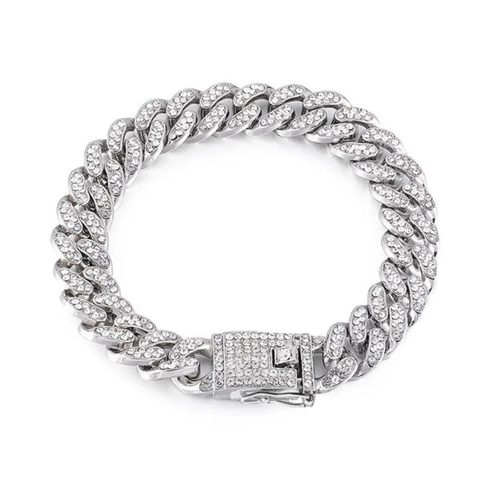Rhinestone Dog Chain Collar Cuban Link