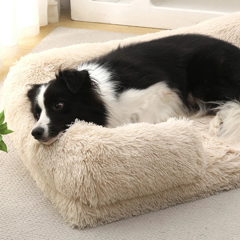 Plush Dog Sofa Bed with Bolster Support, Removable Cushion, and Non-Slip Base