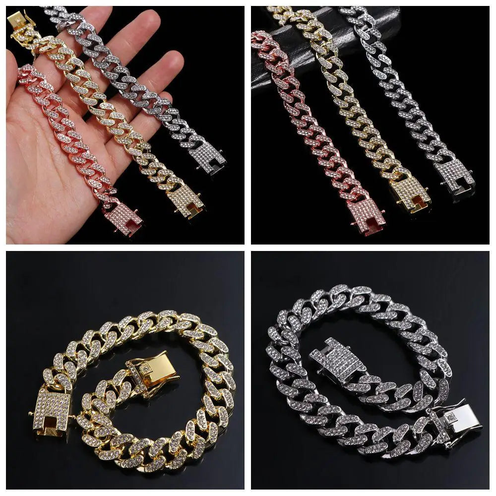 Rhinestone Dog Chain Collar Cuban Link