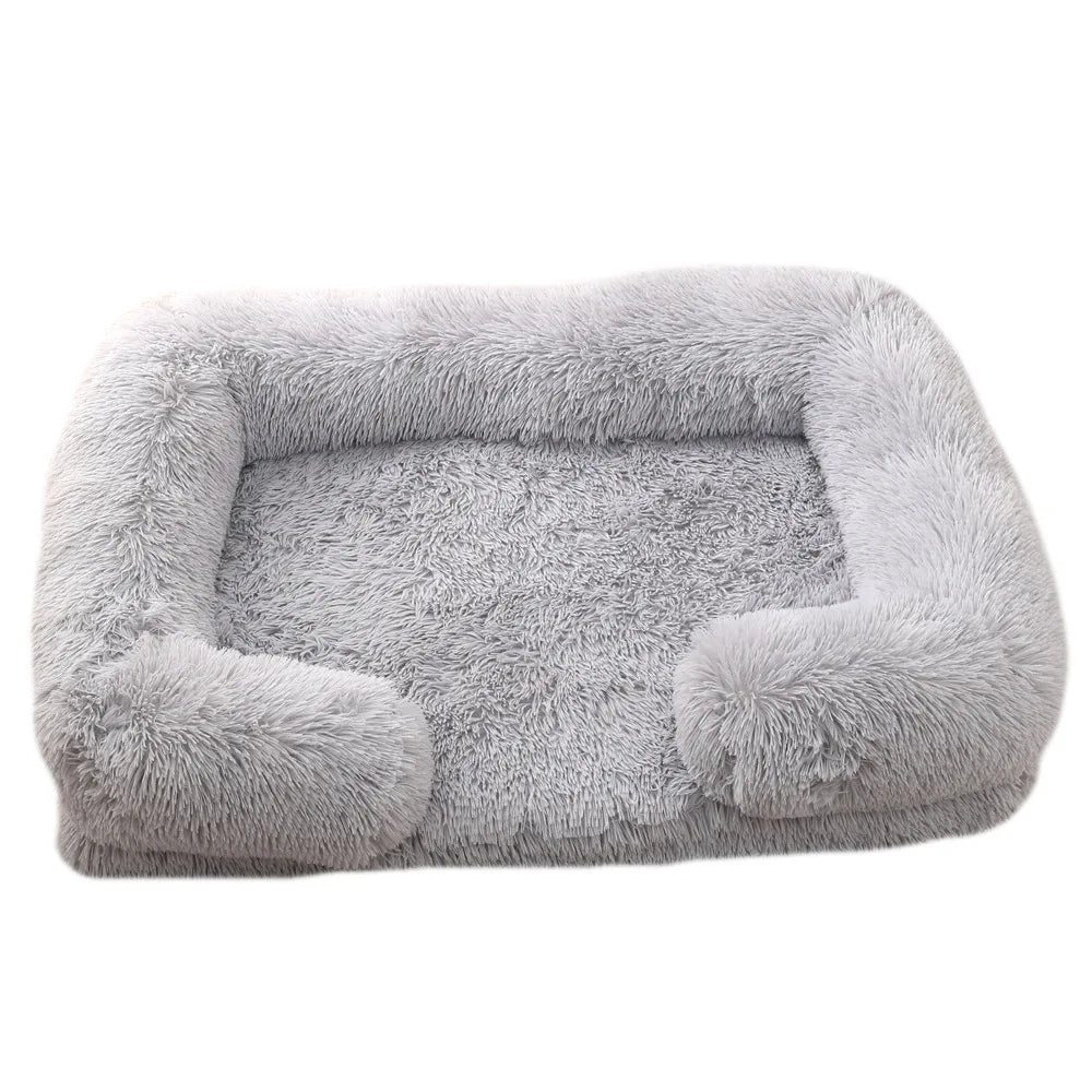 Plush Dog Sofa Bed with Bolster Support, Removable Cushion, and Non-Slip Base