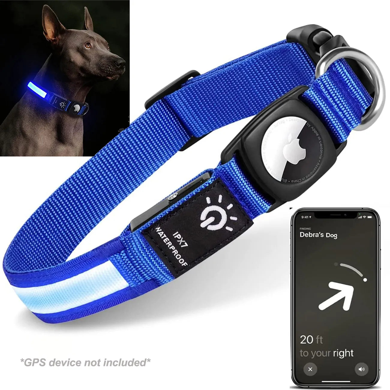 Waterproof Dog Collar with LED Light & Apple AirTag Holder