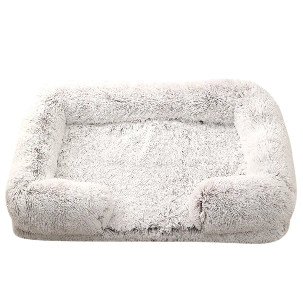 Plush Dog Sofa Bed with Bolster Support, Removable Cushion, and Non-Slip Base