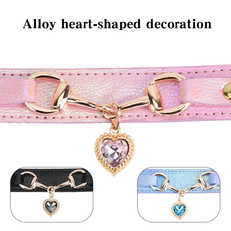 Rhinestone Leather Dog Collar with Heart Charm