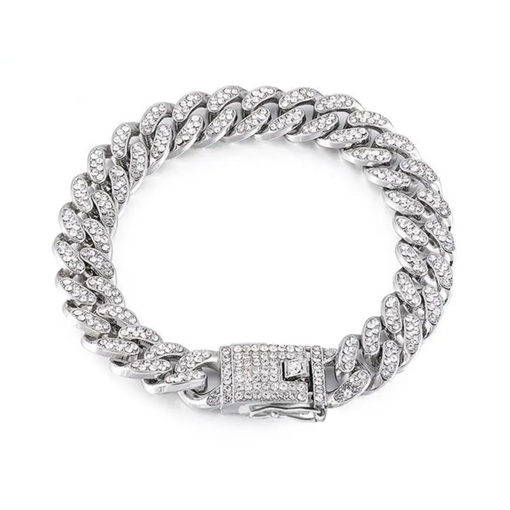 Rhinestone Dog Chain Collar Cuban Link