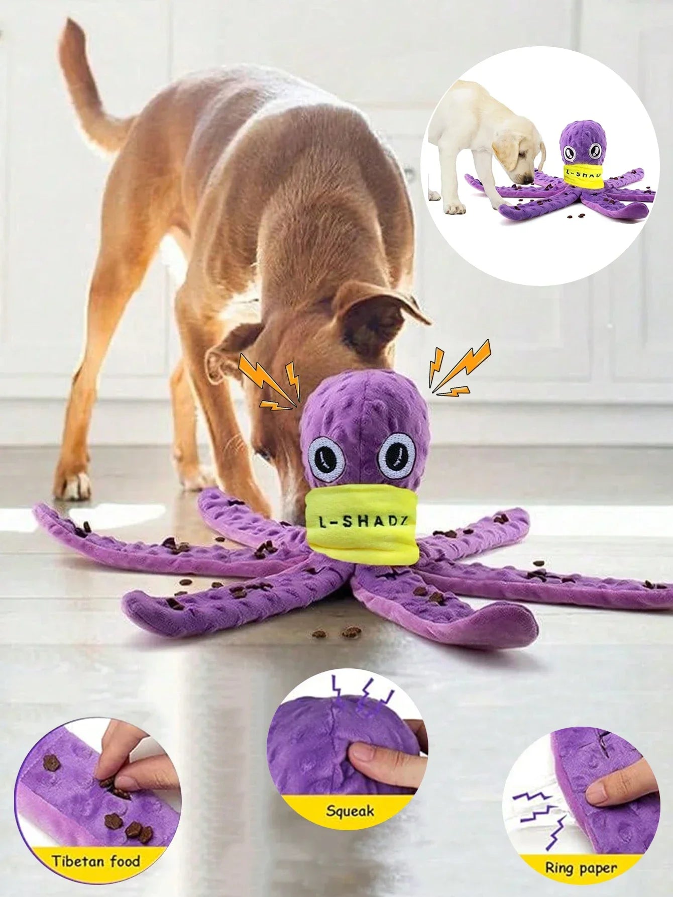 Purple octopus-shaped dog toy with a dog interacting with it on a white surface.