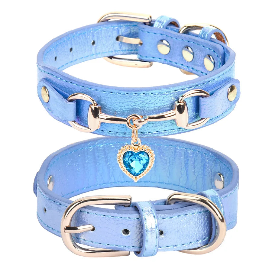 Rhinestone Leather Dog Collar with Heart Charm