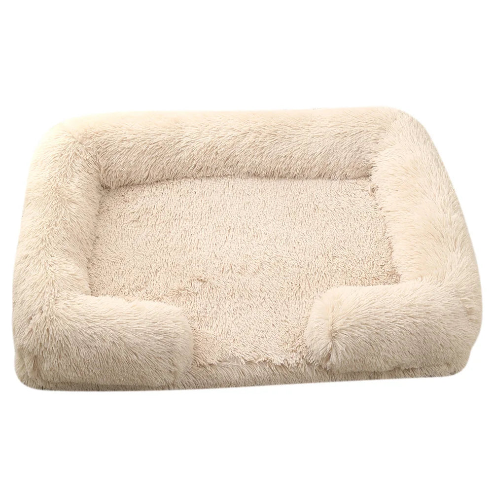 Plush Dog Sofa Bed with Bolster Support, Removable Cushion, and Non-Slip Base