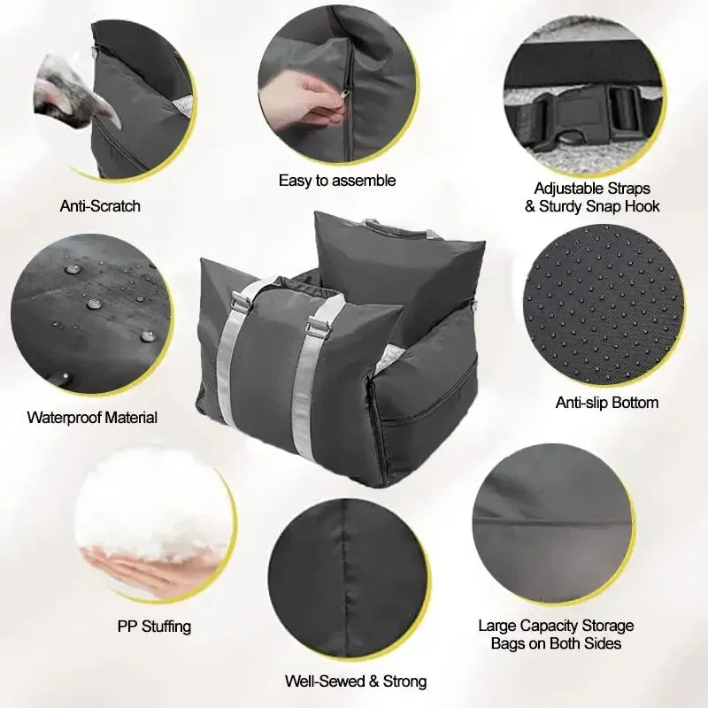Travel-Safe Dog Car Seat Bed with Washable Cover, Safety Buckle, and Waterproof Design