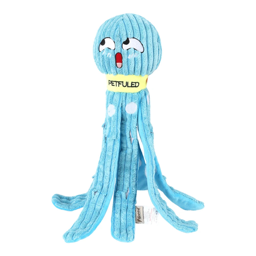 Blue plush toy resembling a squid with a yellow bandana labeled 'PETFULLED' on a white background