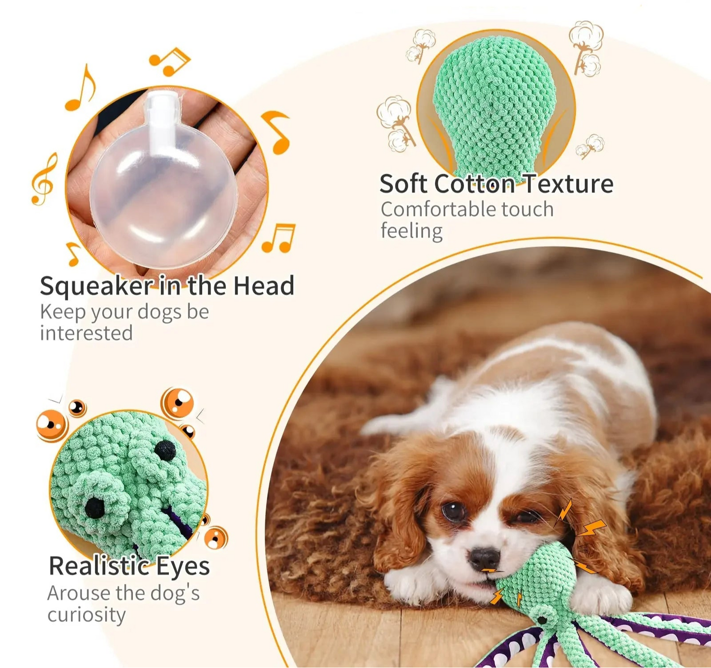 Dog toy with features highlighted and a dog playing with it.