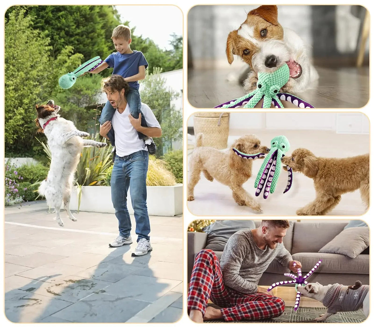 Collage of dogs playing with interactive toys in various settings with family members.