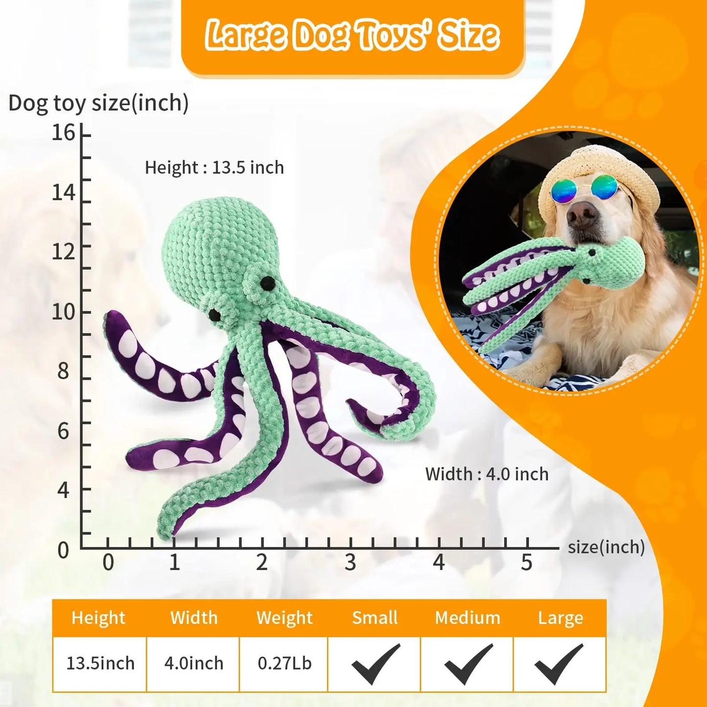 Large dog toy with measurement chart and a dog playing with it.