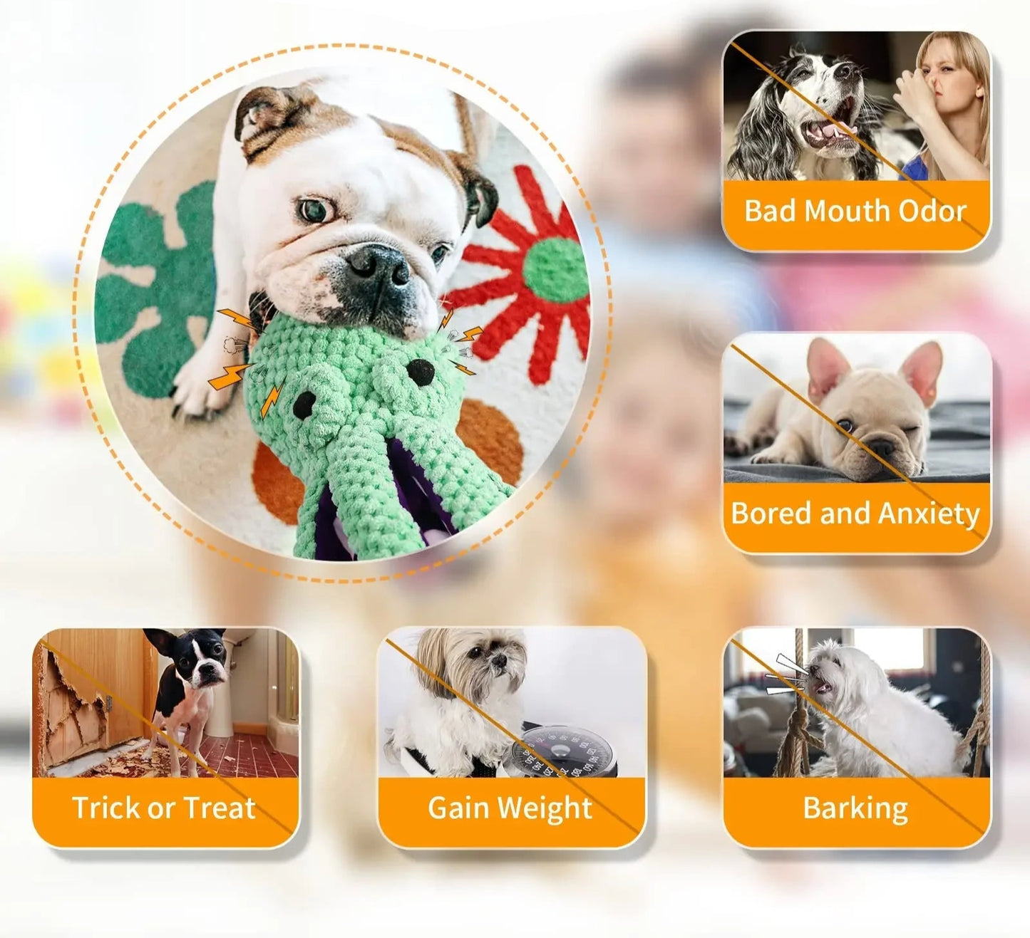 Dog toys helping with various behavioral issues on a colorful background
