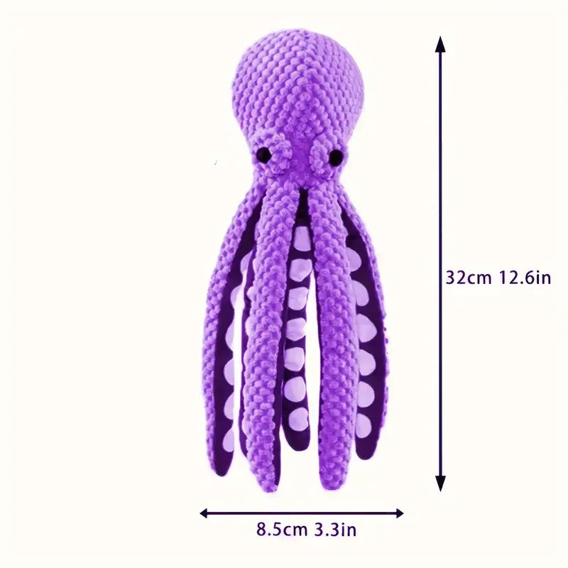 Purple knitted octopus toy with measurements on a white background