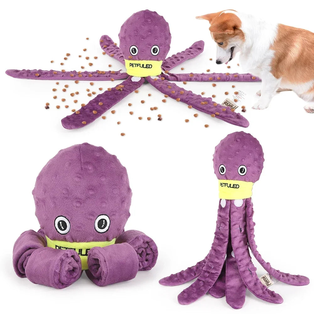 Purple octopus-shaped dog toy with a dog playing with it on a white background