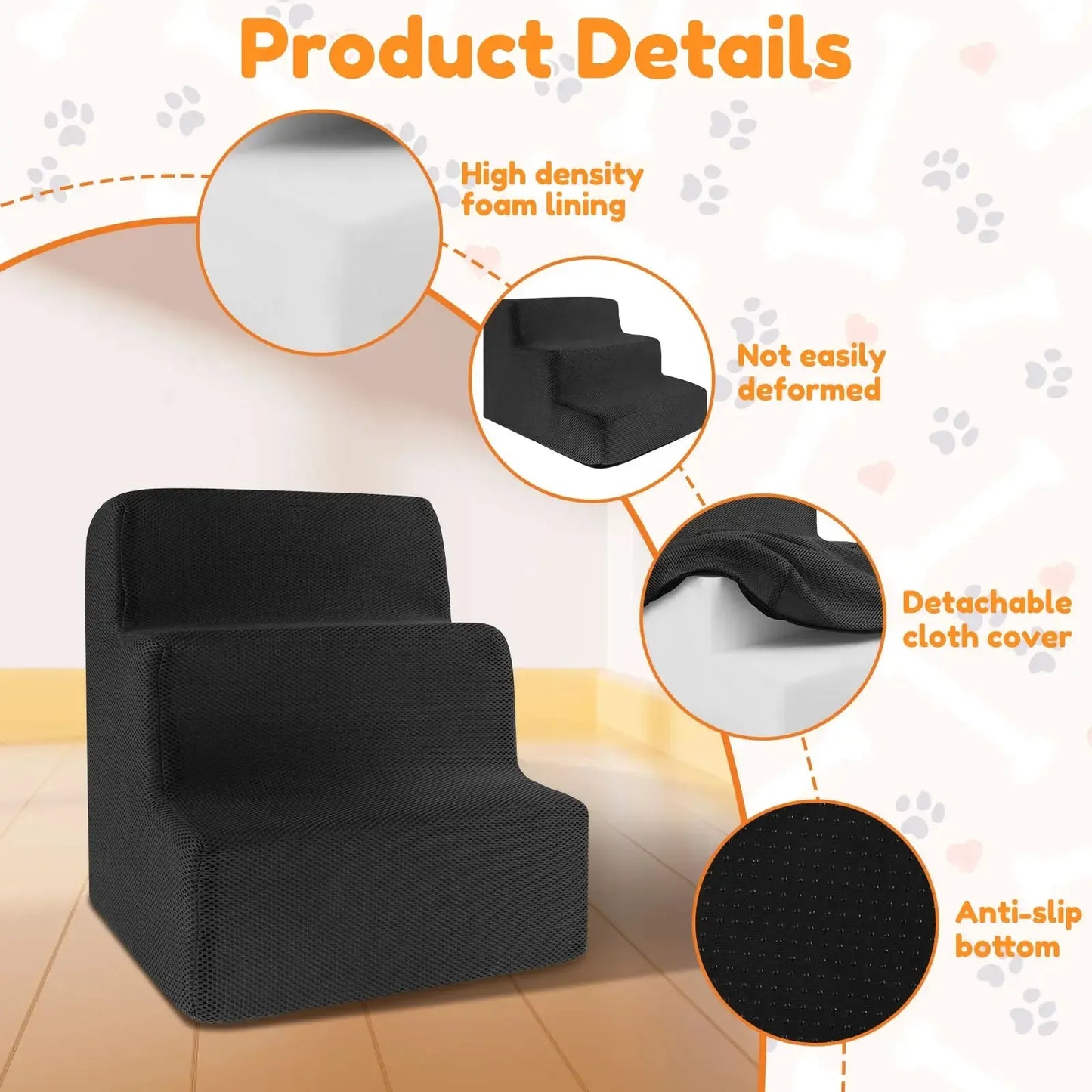 3 step foam dog stairs with washable cover
