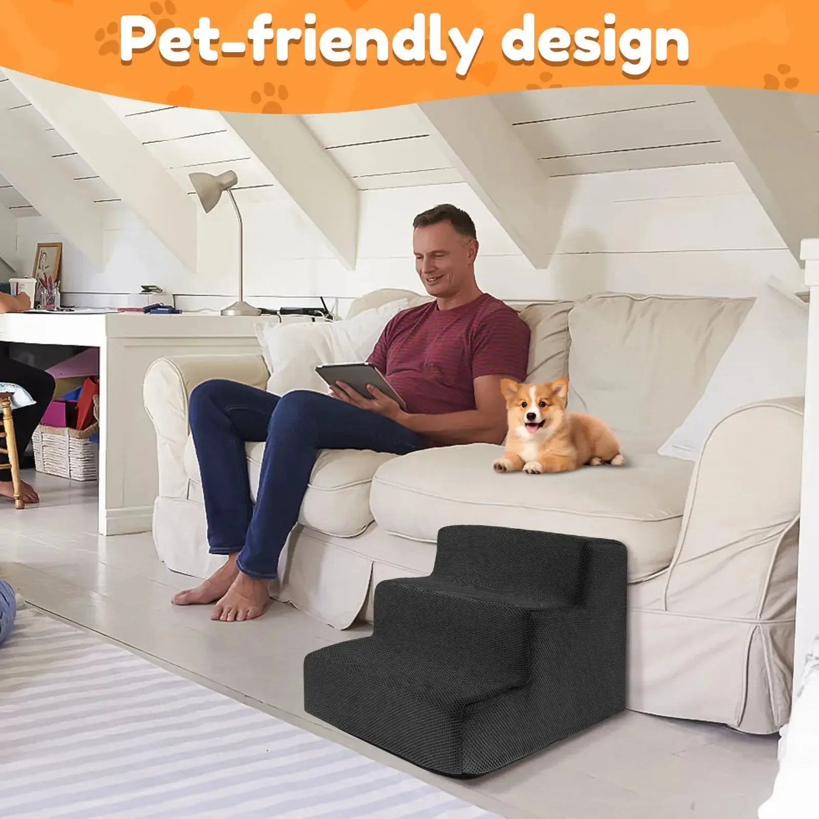 3 step foam dog stairs with washable cover