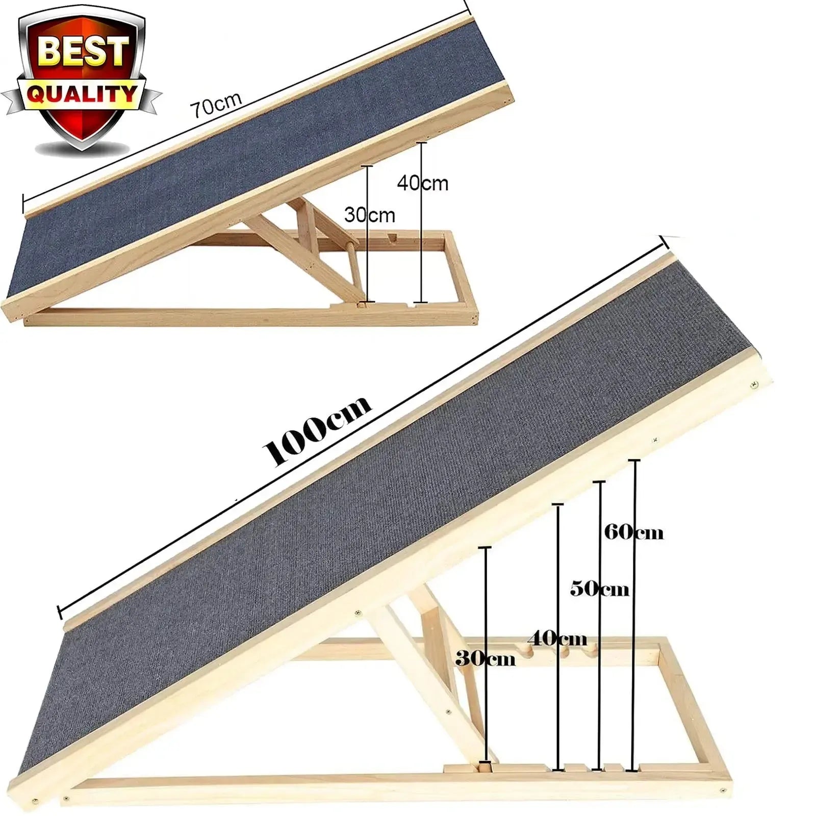 Adjustable wooden dog ramp with non-slip carpet