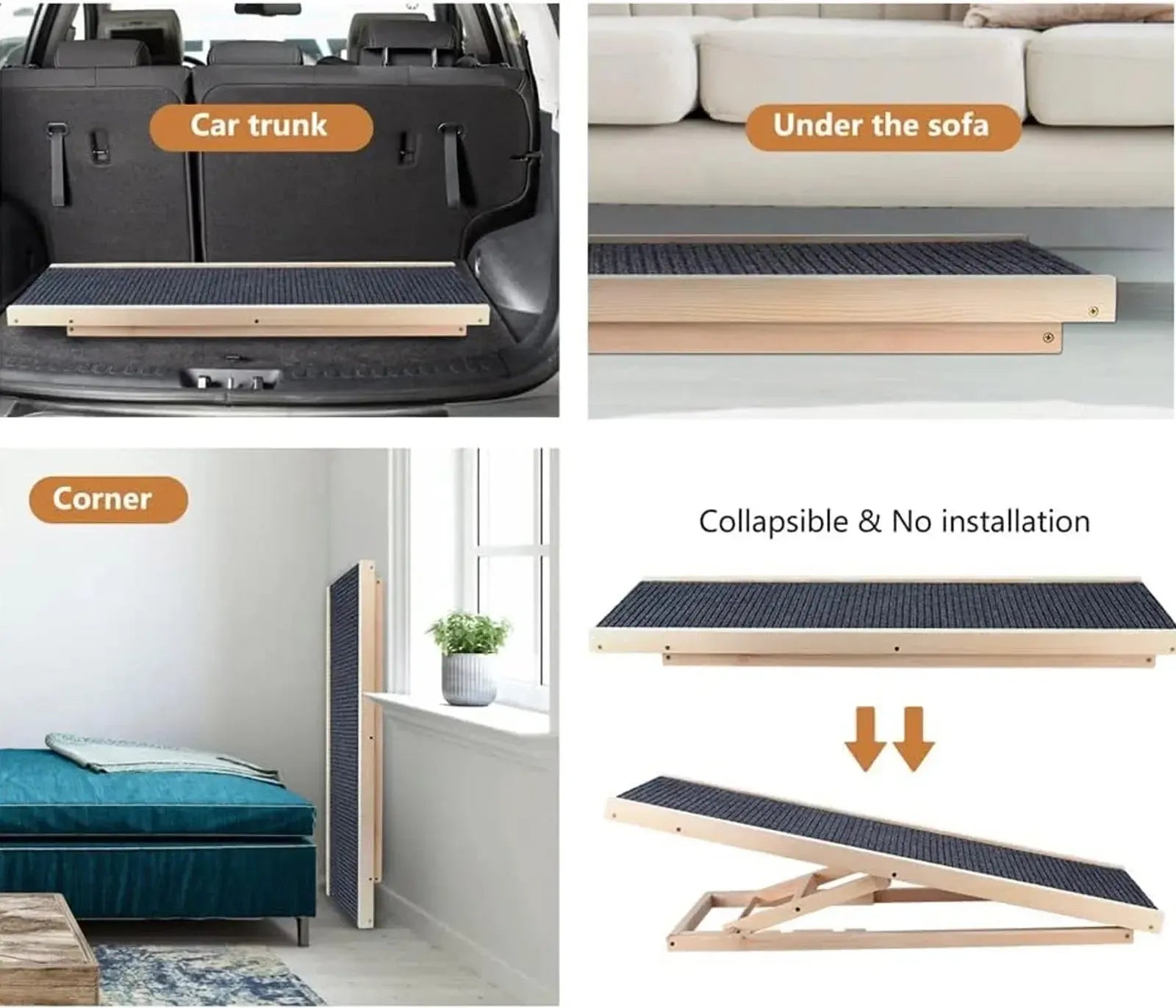 Adjustable wooden dog ramp with non-slip carpet