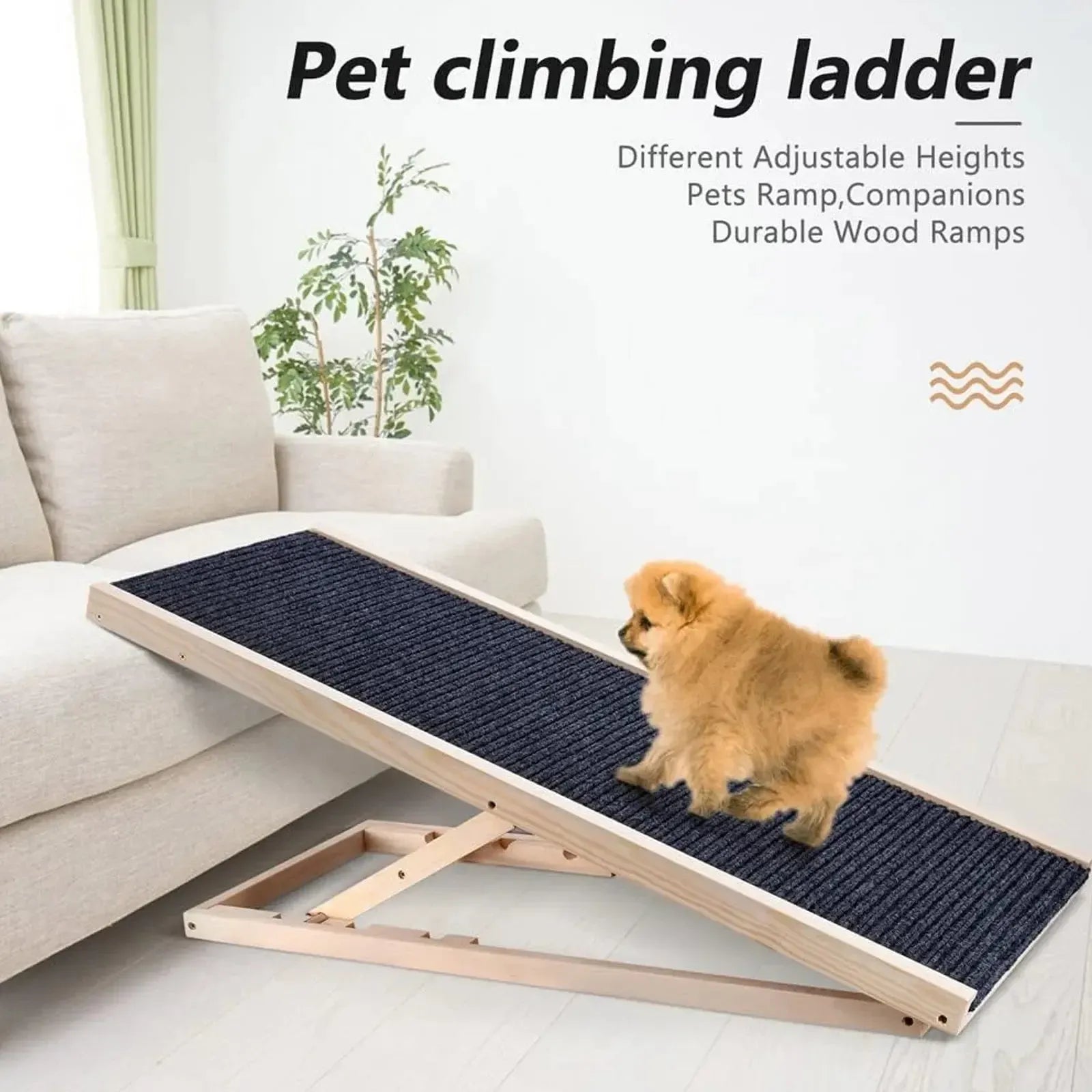 Adjustable wooden dog ramp with non-slip carpet