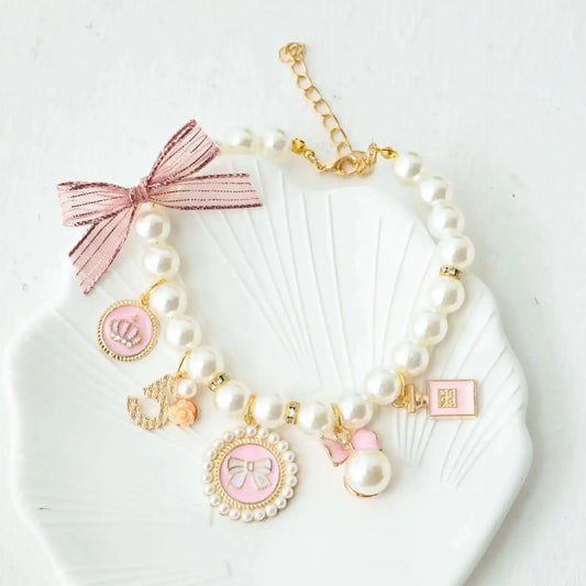 Elegant Pearl Dog Collar with Rhinestone Charms