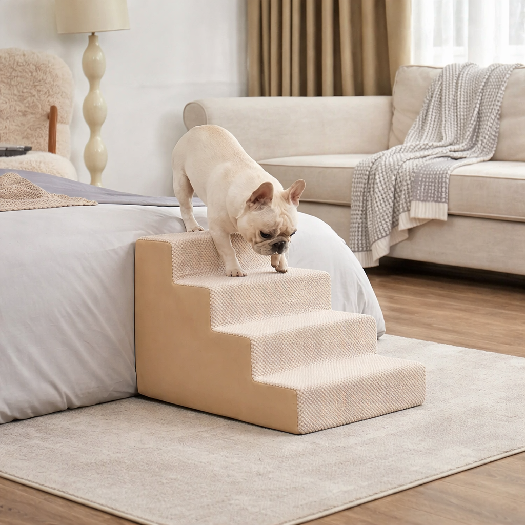 Extra wide 4-step dog stairs with orthopedic foam