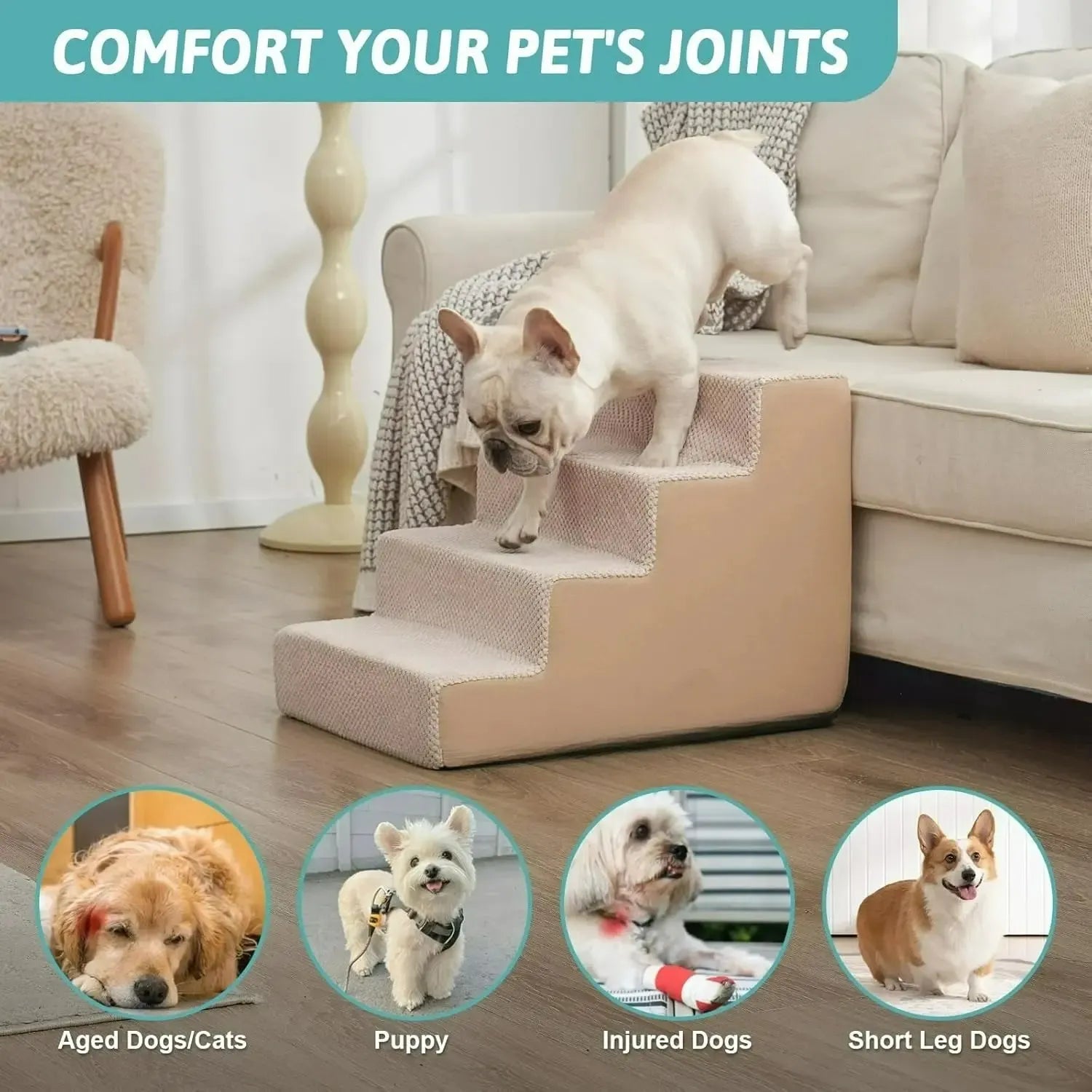Extra wide 4-step dog stairs with orthopedic foam