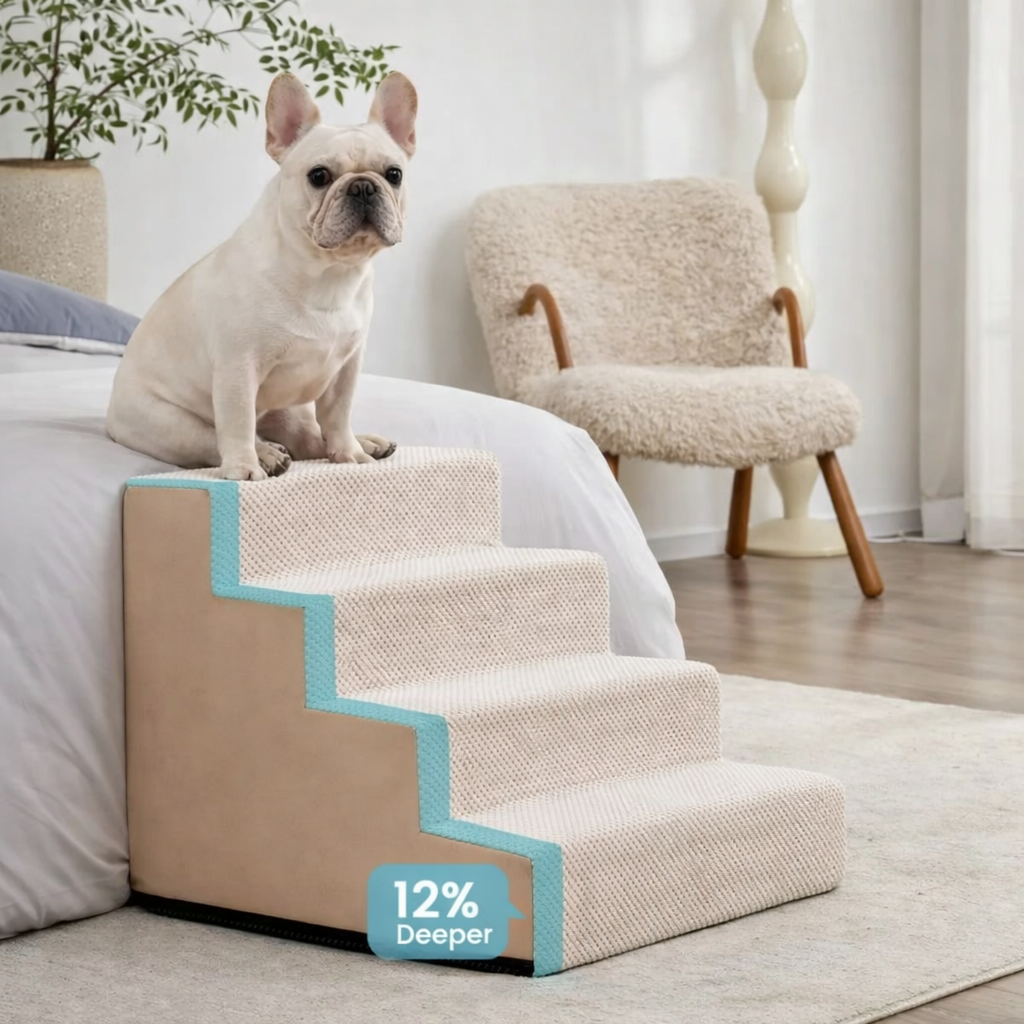 Extra wide 4-step dog stairs with orthopedic foam