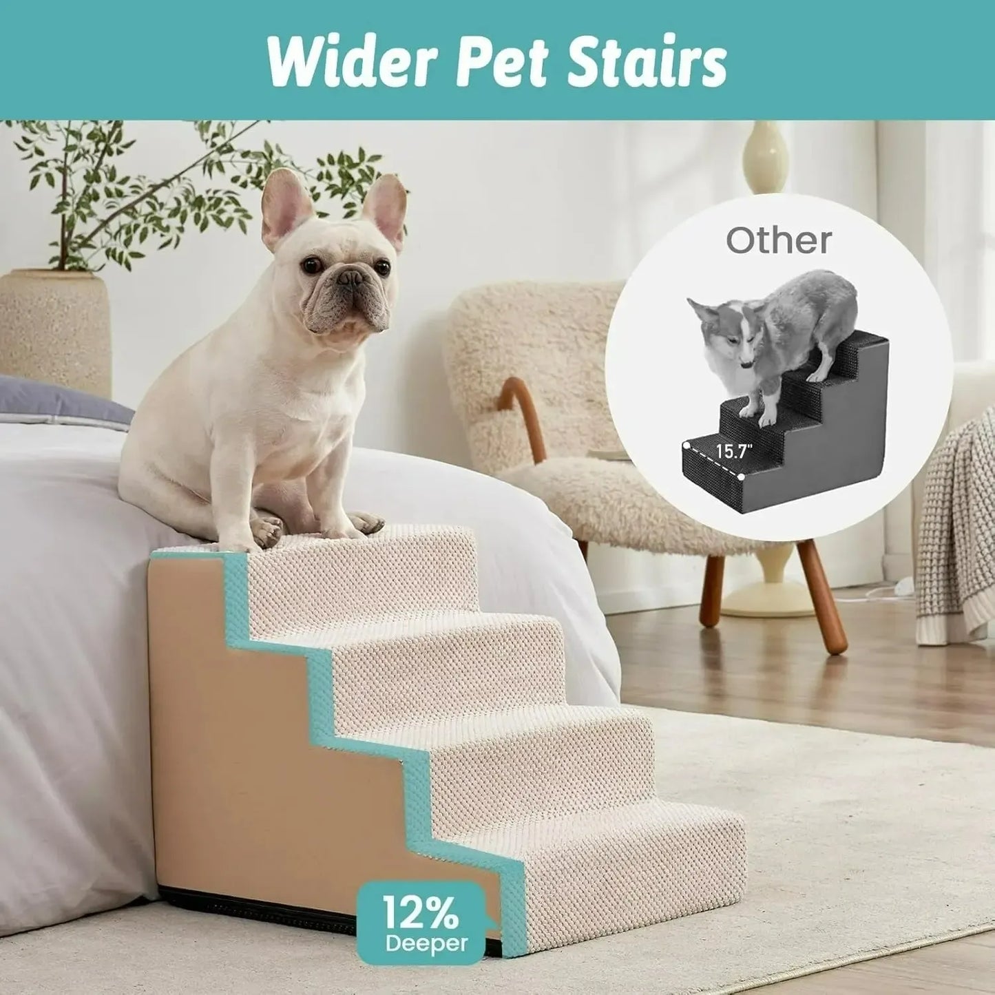 Extra wide 4-step dog stairs with orthopedic foam