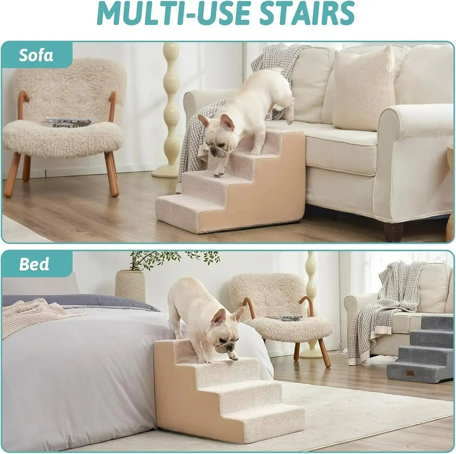 Extra wide 4-step dog stairs with orthopedic foam