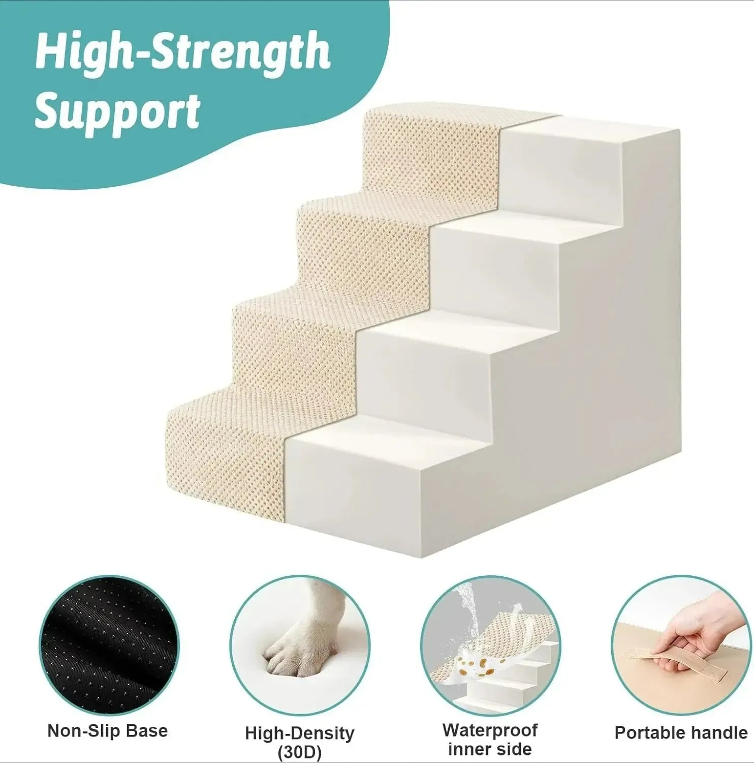 Extra wide 4-step dog stairs with orthopedic foam