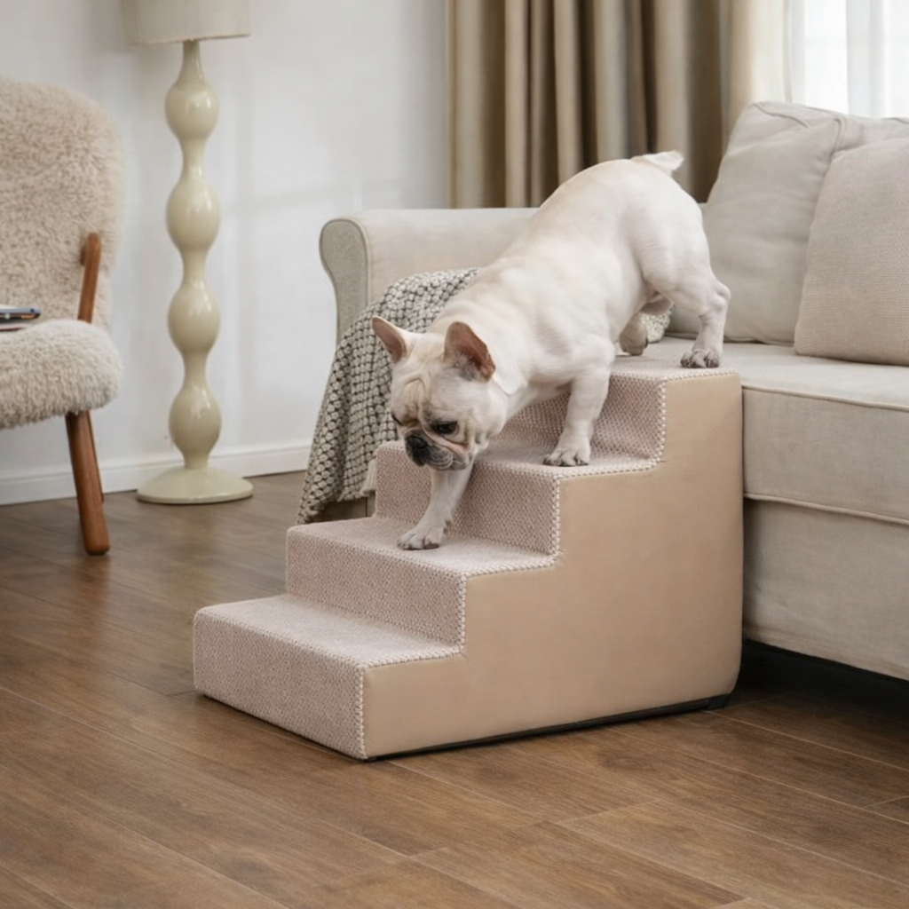 Extra wide 4-step dog stairs with orthopedic foam