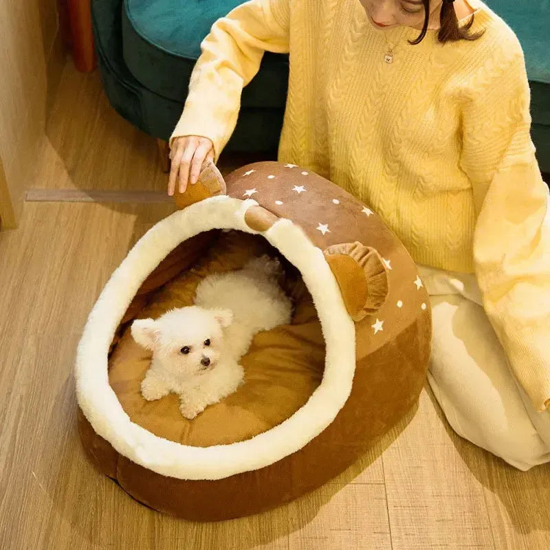 Foldable Cotton Cave Dog Bed With Washable Cushion