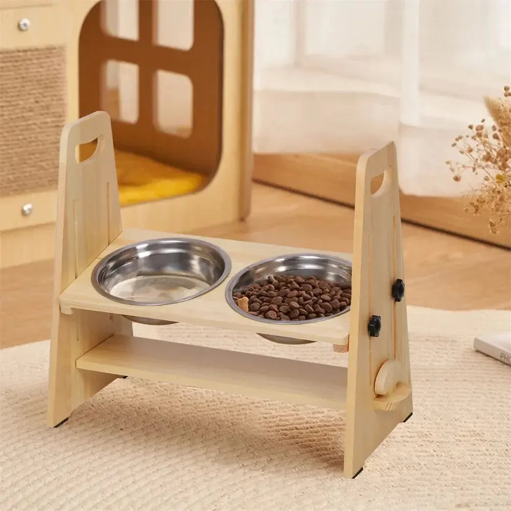 Height Adjustable Elevated Wooden Dog Feeder